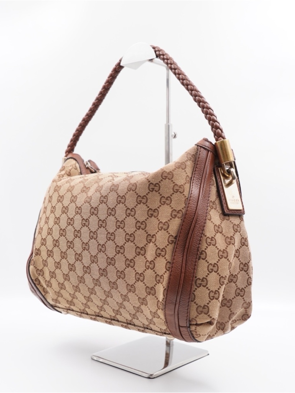 Gucci Beige & Brown GG Canvas Shoulder Bag with Braided Handle - Picture 2 of 12